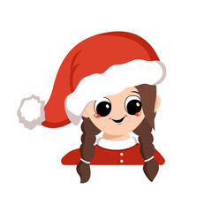 Avatar of a girl with big eyes and a wide happy smile in a red Santa hat. Cute kid with a joyful face in a festive costume for New Year and Christmas. Head of adorable child with joyful emotions