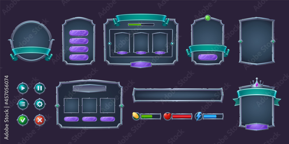 Poster game buttons and frames with metal border. design elements and assets for user interface. vector car