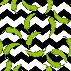 Green Pepper on geometry background vector seamless pattern. Mexican chili spicy vegetable. Hot paprika texture.