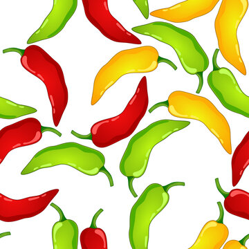 Red, Green, Yellow Pepper vector seamless pattern. Mexican chili spicy vegetable. Hot paprika texture.