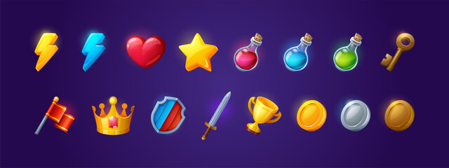 Game icons with heart, lightning, key, crown, gold cup and star. Vector cartoon set of symbols for gui of rpg computer or mobile game, shield, sword, coins, potions and red flag - obrazy, fototapety, plakaty