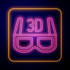 Glowing neon 3D cinema glasses icon isolated on black background. Vector