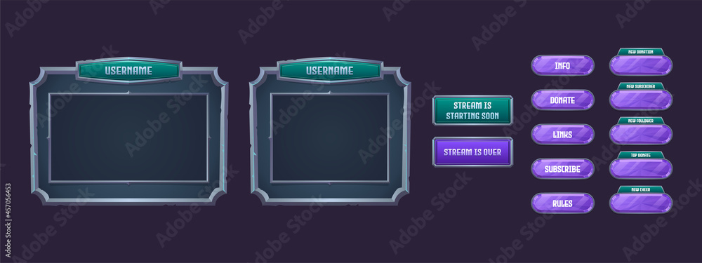 Poster game streaming overlay frames and buttons. template of ui design for webcam video app. vector cartoo