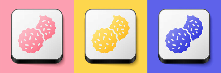 Isometric Cookie or biscuit with chocolate icon isolated on pink, yellow and blue background. Square button. Vector