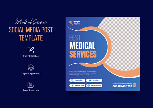 Medical Healthcare Service Social Media Post Template Design Senior Care, Home Care, Nursing Services Banner Or Square Flyer Design