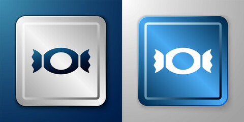 White Candy icon isolated on blue and grey background. Happy Halloween party. Silver and blue square button. Vector