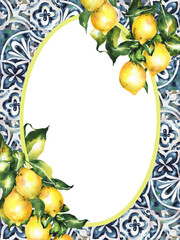 Lemon, olive tree branches card design. Hand drawn botanical frame with natural lemons mediterranean elements. Healthy food composition isolated on white background. watercolor illustration