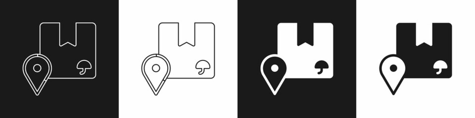 Set Location with cardboard box icon isolated on black and white background. Delivery services, logistic and transportation, distribution. Vector