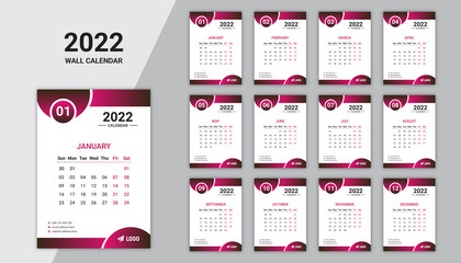 2022 colorful twelve pages wall calendar design and creative business wall calendar design template., A3 size with bleed, Print ready, 300 dpi, fully editable