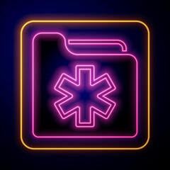 Obraz premium Glowing neon Medical health record folder for healthcare icon isolated on black background. Patient file icon. Medical history symbol. Vector