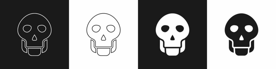 Set Skull icon isolated on black and white background. Happy Halloween party. Vector