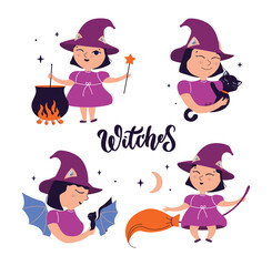 The set of cartoon witches. The collection magic baby girls are good for happy Halloween day designs, magician cards, esoteric, etc. Vector illustration