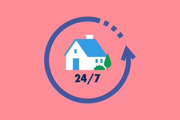 Fototapeta na wymiar House twenty-four seven, 24-7 service. Icon of a house with a graphic circular element representing 