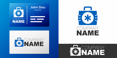 Logotype First aid kit icon isolated on white background. Medical box with cross. Medical equipment for emergency. Healthcare concept. Logo design template element. Vector