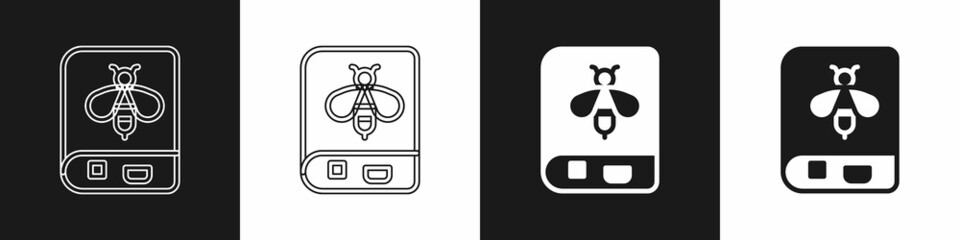 Set Book about bee icon isolated on black and white background. Sweet natural food. Honeybee or apis with wings symbol. Flying insect. Vector