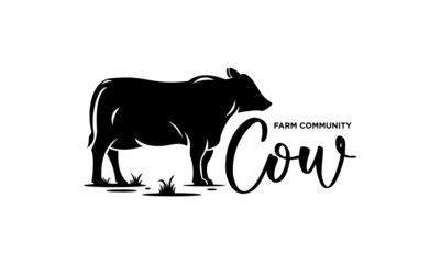 Cow's Farm Community Logo Design - Isolated vector Illustration on white background - Silhouette character, icon, symbol, badge, emblem of big angus