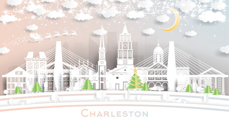Obraz premium Charleston South Carolina City Skyline in Paper Cut Style with Snowflakes, Moon and Neon Garland.