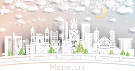 Medellin Colombia City Skyline in Paper Cut Style with Snowflakes, Moon and Neon Garland.