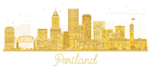 Portland Oregon City Skyline with Golden Buildings Isolated on White.