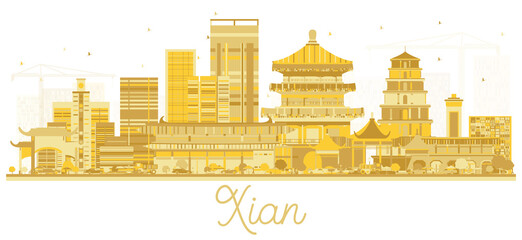 Xian China City Skyline with Golden Buildings Isolated on White.