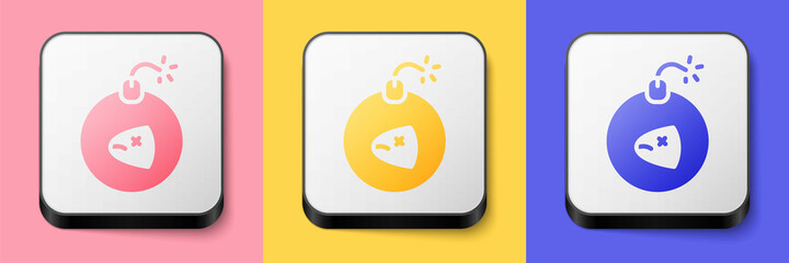 Isometric Bomb ready to explode icon isolated on pink, yellow and blue background. Square button. Vector