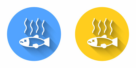 White Dead fish icon isolated with long shadow background. Rotten fish. Circle button. Vector
