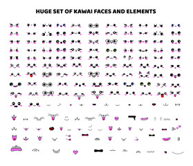 Big set of kawaii faces, elements, eyes, mouth, nose, muzzle, mustache, tongue, teeth, emotions. Vector illustration, color cartoon Japanese design isolated on white background, manga style, anime.
