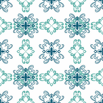 Seamless folk traditional art pattern Mediterranian Scandinavian blue repetitive floral design Retro style arrangement ornament for textile design, wallpaper , decor interior, garment