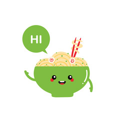 Cute smiling cartoon style green bowl of noodles, asian soup character with speech bubble saying hi, hello.
