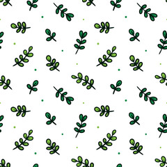 Doodle, hand drawn green branches with leaves, herbs vector seamless pattern background. 
