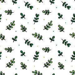 Doodle, hand drawn green branches with leaves, herbs vector seamless pattern background. 