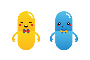 Couple of colorful cartoon style pills, medications characters, cute smiling and sad.