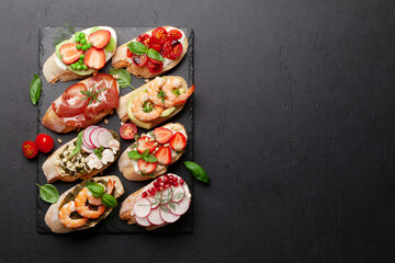 Appetizers board with traditional spanish tapas set. Italian antipasti snacks