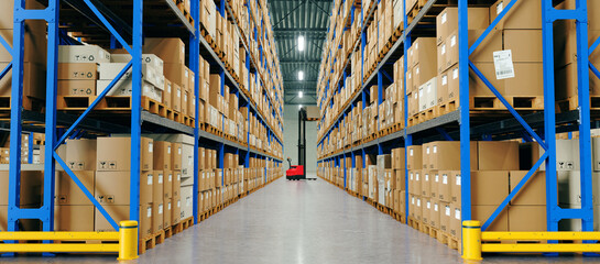 Warehouse Scene with High Shelves and Reach Fork Track. Logistics Concept. 3D illustration	