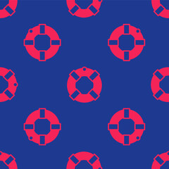 Red Lifebuoy icon isolated seamless pattern on blue background. Lifebelt symbol. Vector