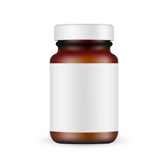 Fototapeta na wymiar Dark Amber Jar Mockup for Supplements or Pills, Isolated on White Background. Vector Illustration