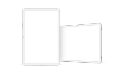 White Tablet Mockup with Horizontal and Vertical Screens, Front and Side View. Vector Illustration