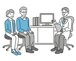 シニア夫婦に診察をする医者のベクターイラスト素材／病院／ドクター