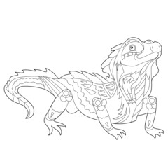 Fancy reptile iguana on white background. Contour linear illustration for coloring book with dragon.  Anti stress picture. Line art design for adult or kids  in zen-tangle style and coloring page.
