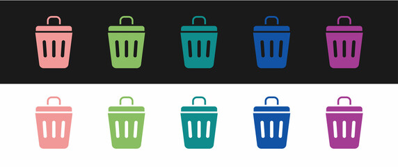 Set Trash can icon isolated on black and white background. Garbage bin sign. Recycle basket icon. Office trash icon. Vector
