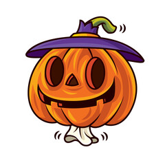 Happy halloween with cartoon cute funny pumpkin wearing witch hat. Vector character