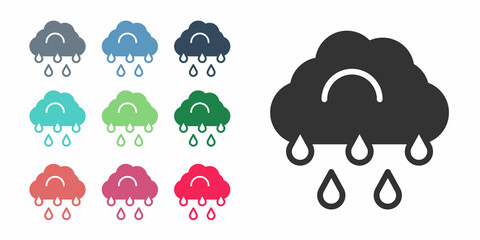 Black Cloud with rain icon isolated on white background. Rain cloud precipitation with rain drops. Set icons colorful. Vector