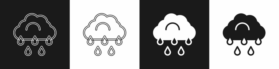 Set Cloud with rain icon isolated on black and white background. Rain cloud precipitation with rain drops. Vector