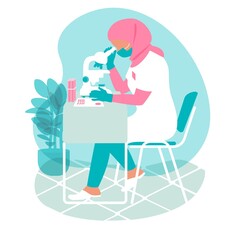 Chemist muslim scientist woman in hijab in laboratory conducts research. A laboratory assistant in dressing gown, mask, gloves looks through a microscope. Science discovery concept. Turquoise fond.