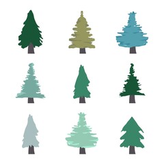 Trees Set. Christmas Tree Set of 9 on White Background. Winter Holiday Elements for Christmas and New Year Design. Vector EPS 10
