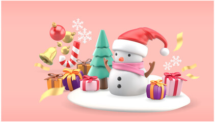 Christmas objects for poster design Snowman surrounded by gift boxes, stars, bells, Christmas balls, ribbons and snow on a pink background.
