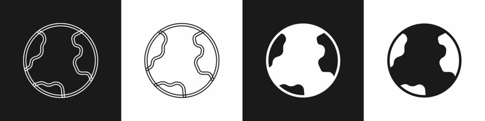 Set Earth globe icon isolated on black and white background. World or Earth sign. Global internet symbol. Geometric shapes. Vector