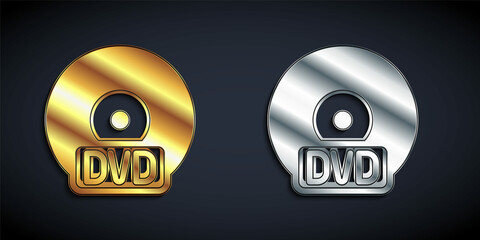 Gold and silver CD or DVD disk icon isolated on black background. Compact disc sign. Long shadow style. Vector