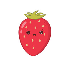 Cute kawaii strawberry isolated on white background. Character with happy and funny face. Vector illustration.