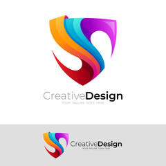 Shield logo and letter S design combination, 3d style